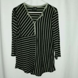 New Directions V Neck Rayon 3/4 Slve Tunic Multi Direction Stripe Long Blouse Sm